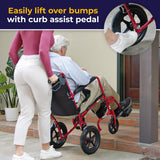 Drive Medical EXP19LTRD Lightweight Expedition Folding Transport Wheelchair with Hand Brakes, Ultra Lightweight Transport Chair for Seniors and Adults, Red