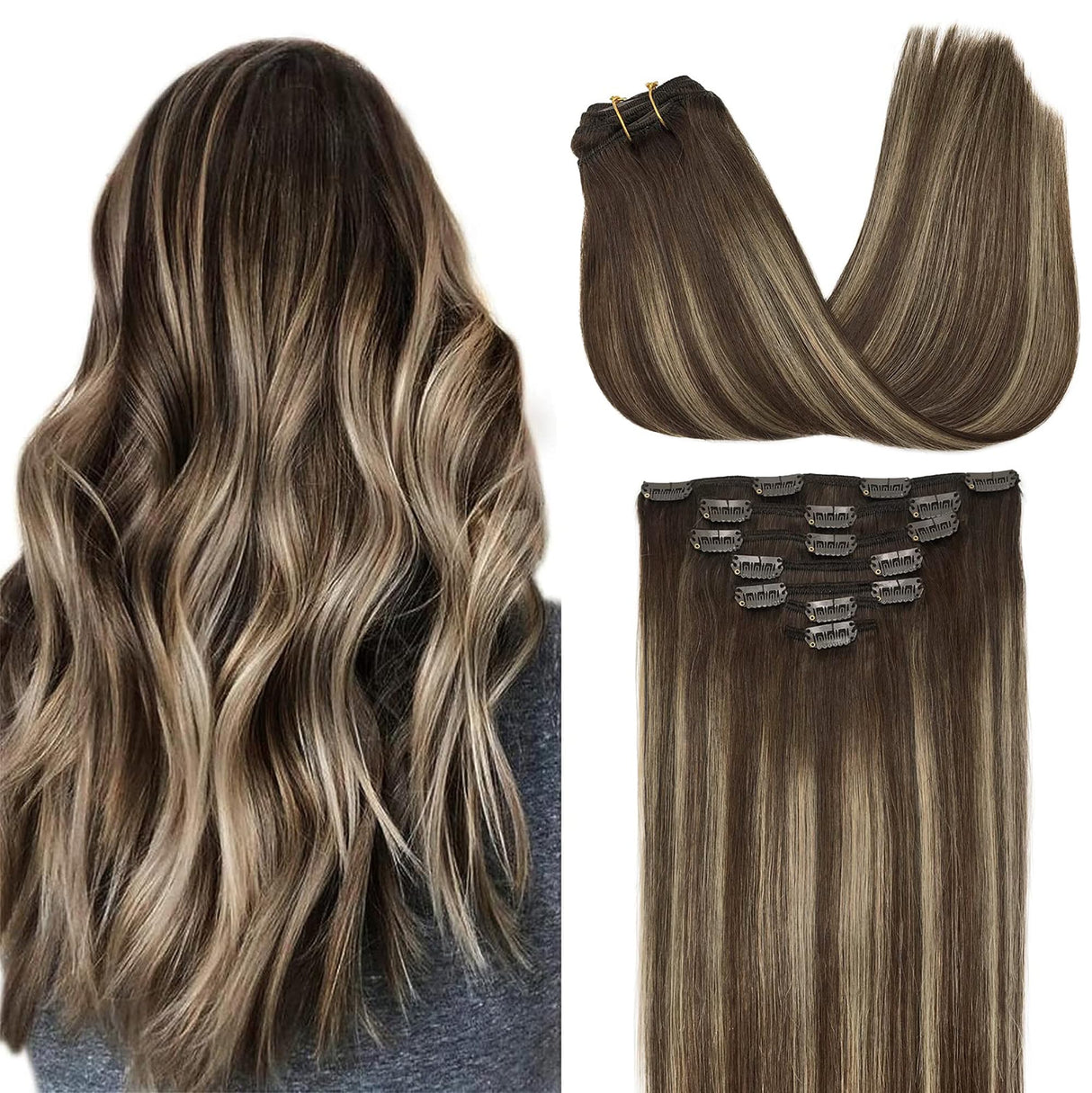 GOO GOO Clip in Hair Extensions Real Human Hair, Remy Human Hair Extensions Clip ins for Women, Natural Human Hair, 18inch 120g 7Pcs, 4/26/4 Balayage Chocolate Brown to Honey Blonde