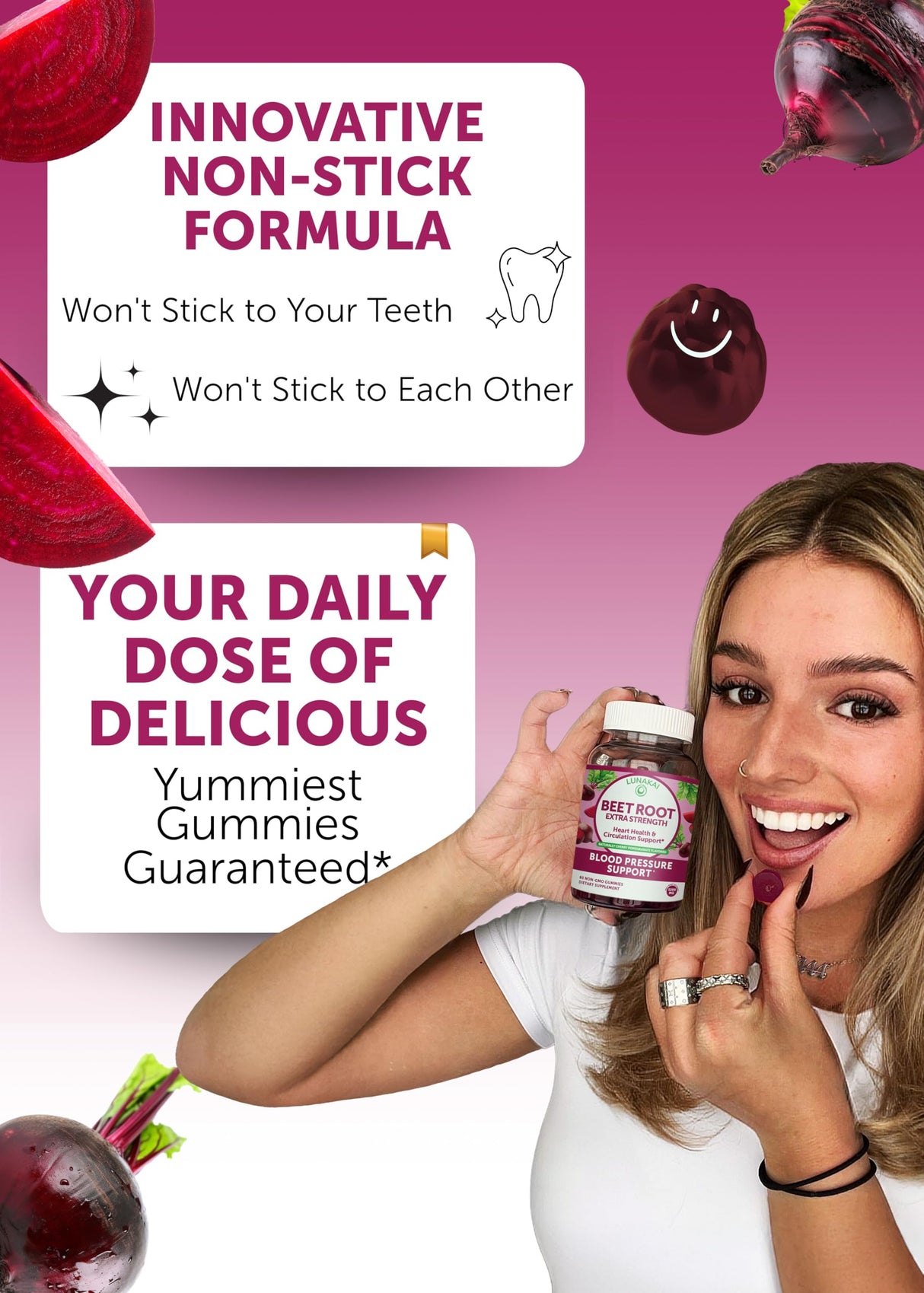 Lunakai USA Made Beet Root Gummies with Antioxidant Blend - Delicious Non-GMO Beet Chews, 60ct