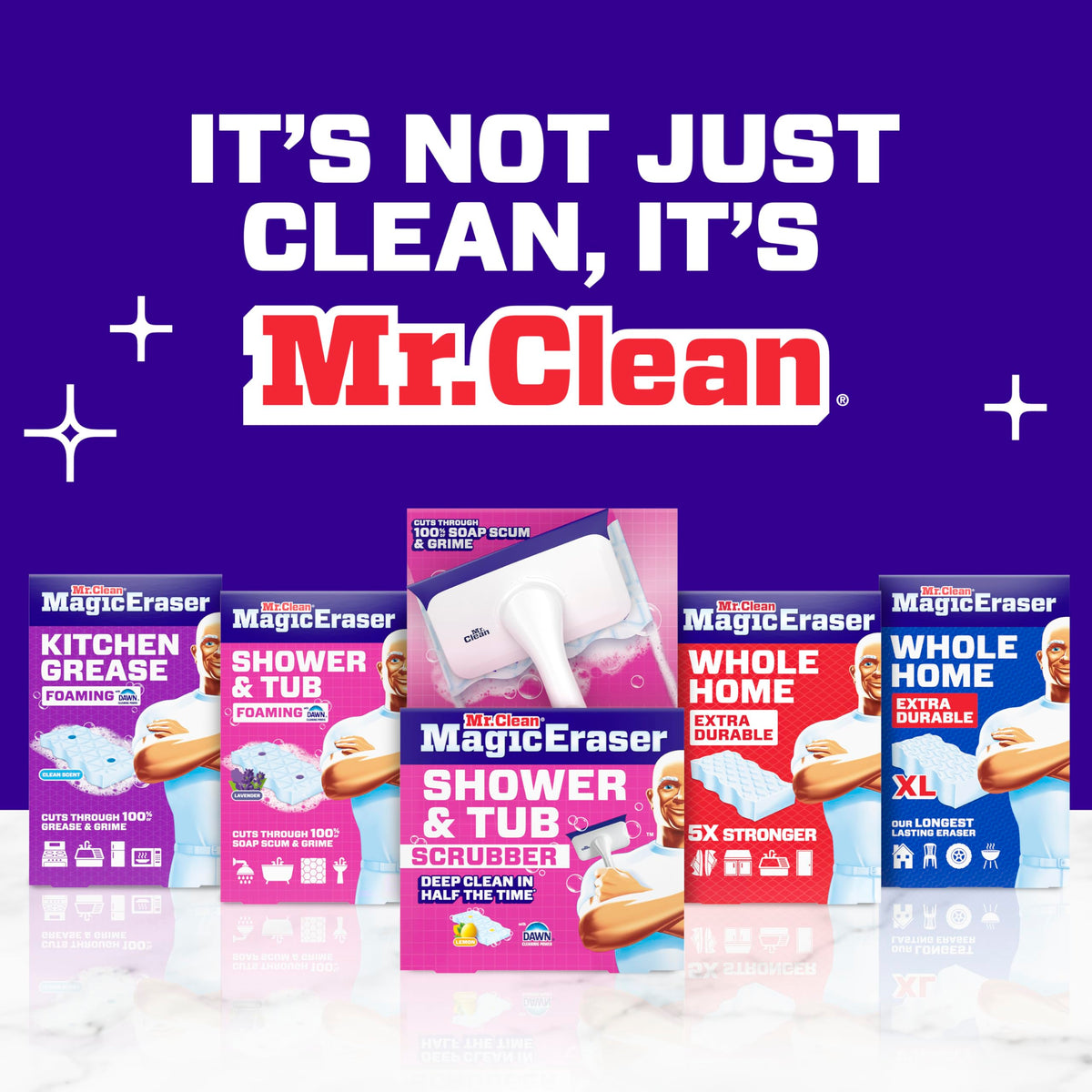 Mr. Clean Magic Eraser Shower & Tub Scrubber, Bathroom Cleaner, All in One Bathroom Cleaner, Lemon Starter Kit, 2 Scrubber, 5 Foaming Magic Erasers, 1 Whole Home Extra Durable Magic Eraser