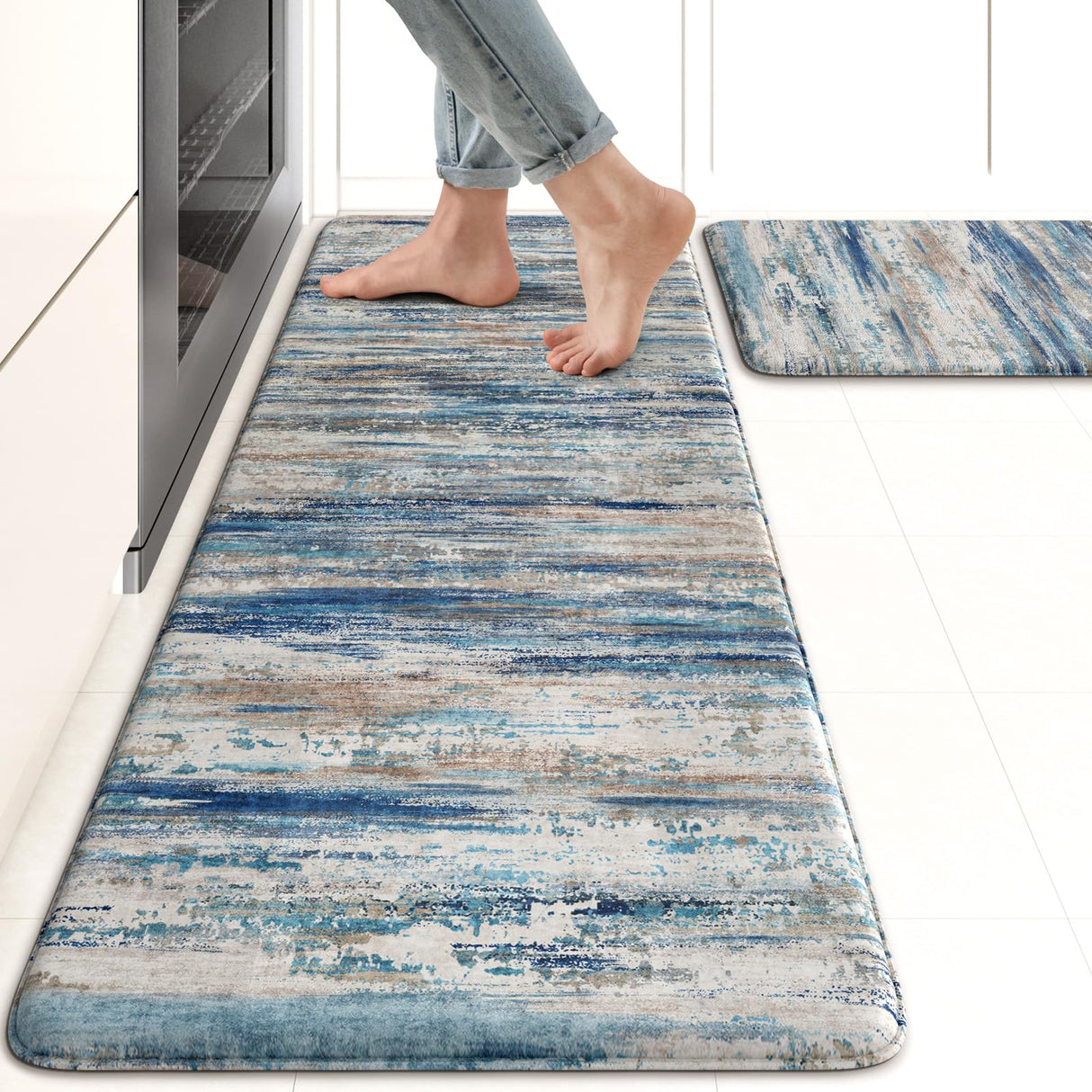 KIMODE Christmas Anti Fatigue Kitchen Mats for Floor 2 Piece, Blue Grey Farmhouse Kitchen Rugs 17"x47"+17"x29", Non Slip Waterproof Kitchen Floor Mats, Standing Mats for Laundry Office Sink Desk