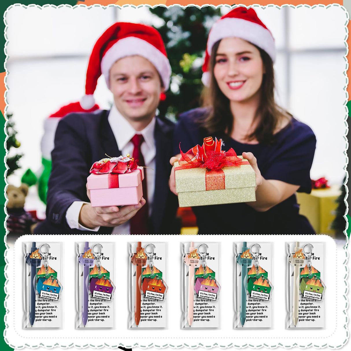 Sayglossy 36 Sets Dumpster Fire Gifts Christmas Funny Ballpoint Pens Acrylic Keychains and Bookmarks Employee Emotional Support Appreciation Gifts Bulk for Office Coworkers Staff Team