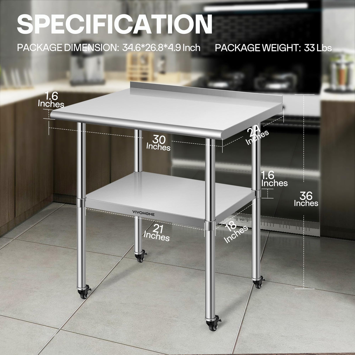 VIVOHOME 24 x 30 Inch Stainless Steel Work Table with Backsplash, Prep Commercial Table with Wheels for Restaurant, Hotel, Home and Warehouse