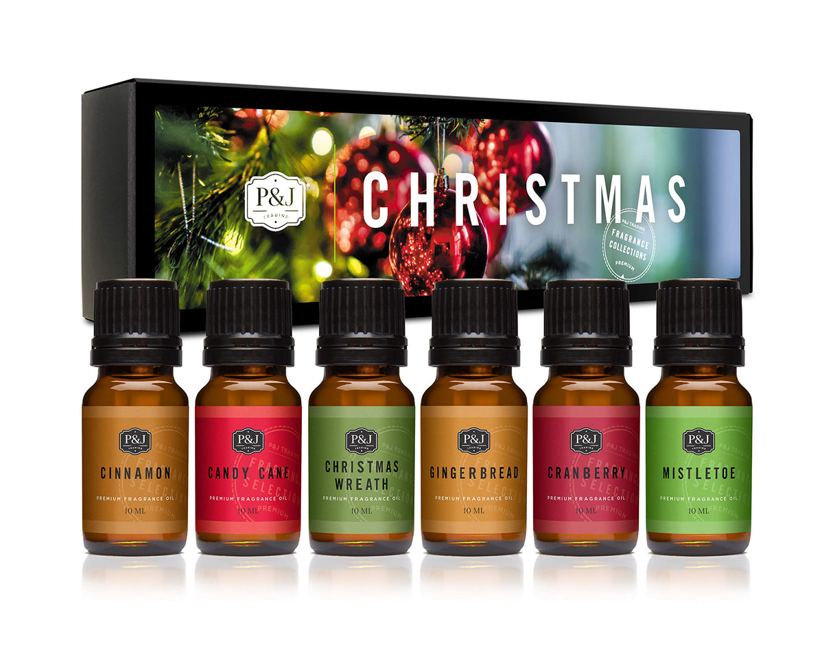 P&J Fragrance Oil Christmas Set | Christmas Wreath, Mistletoe, Candy Cane, Gingerbread, Cinnamon, and Cranberry Candle Scents, Freshie Scents, Candle/Soap Making Supplies