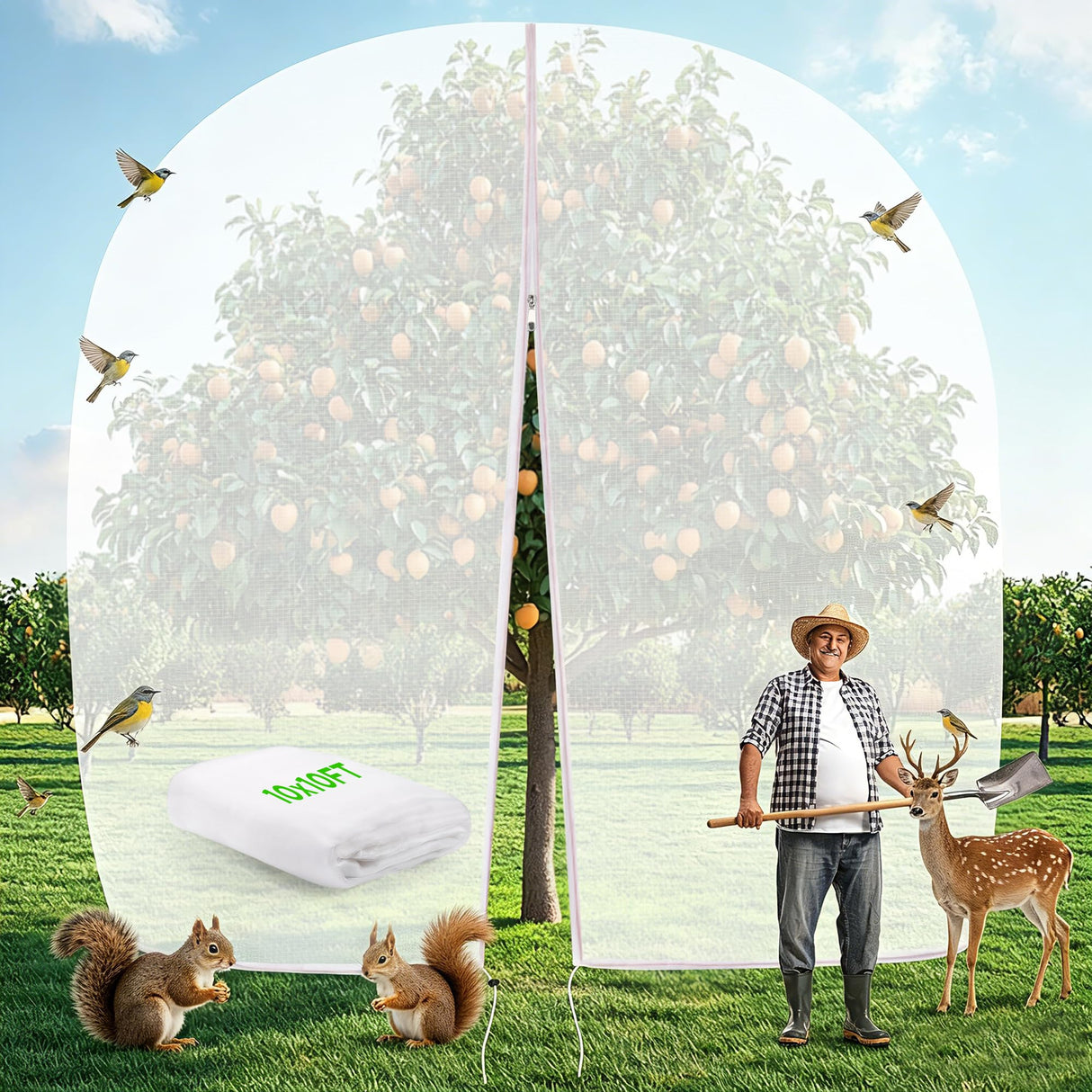 10 X 10FT Large Fruit Tree Netting, Tree Nets for Fruit Trees with Zipper and Drawstring, Insect Netting Barrier for Garden Blueberry Bushes Cherry Peach Apple Protection from Squirrels Birds Pests