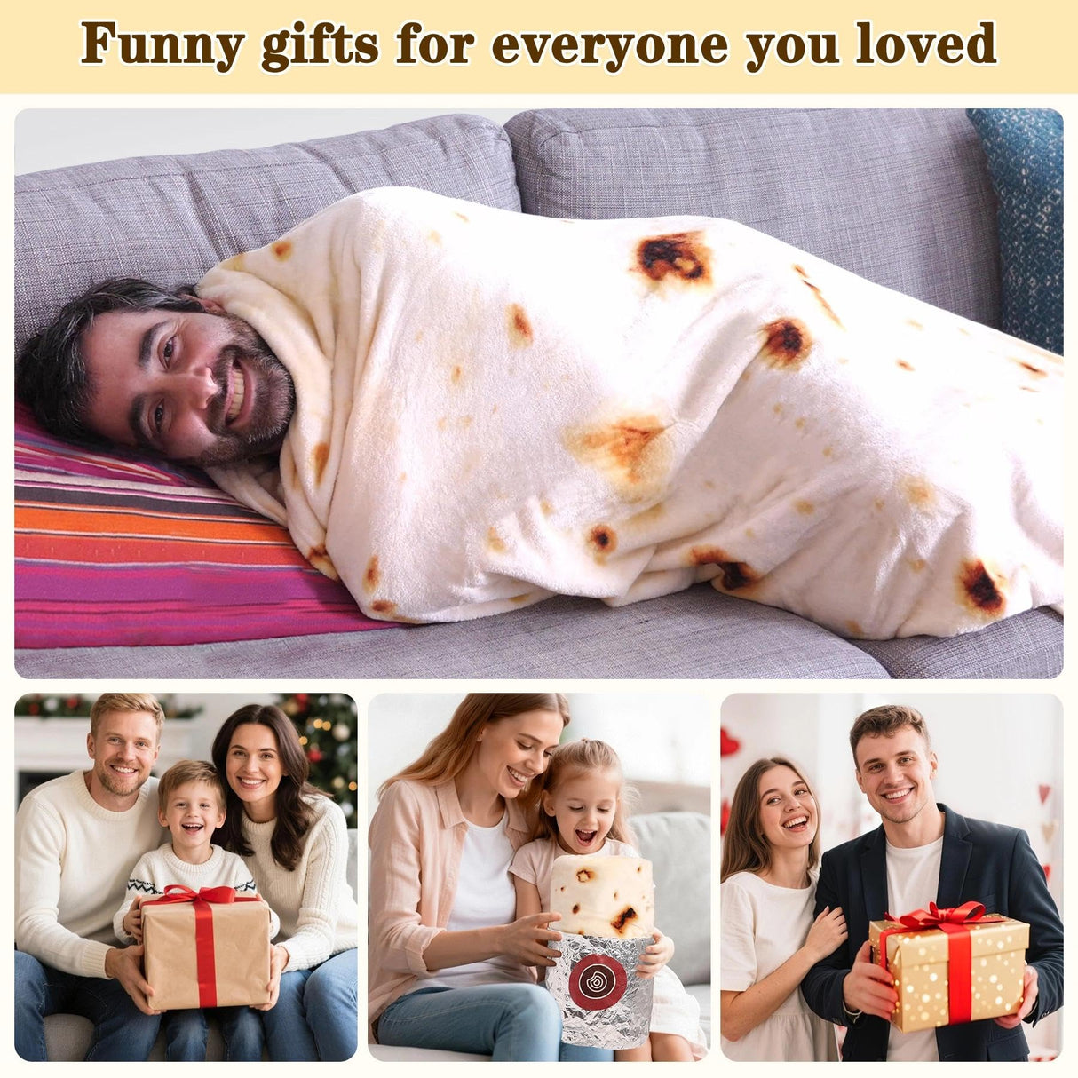 Mermaker Burrito Tortilla Taco Blanket 71 inches for Adult Kids, Realistic Tortilla Throw Blanket Funny Gifts for Women Men Teen Boy Girl, Soft Flannel Food Blanket for Christmas Birthday Gifts-Yellow