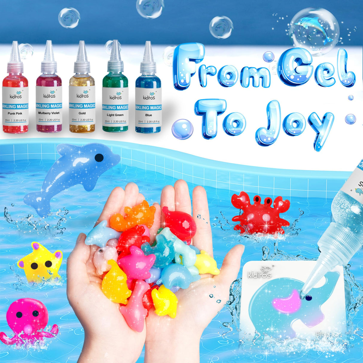 Kiditos Magic Water Elf Toy Kit–Squishies for Kids, 10 Gels & 6 Molds, Magic Gel Water Pets Sensory Toy, Fun DIY Craft Kit, Party Favors, Birthday & Christmas Gifts for Kids Ages 3+