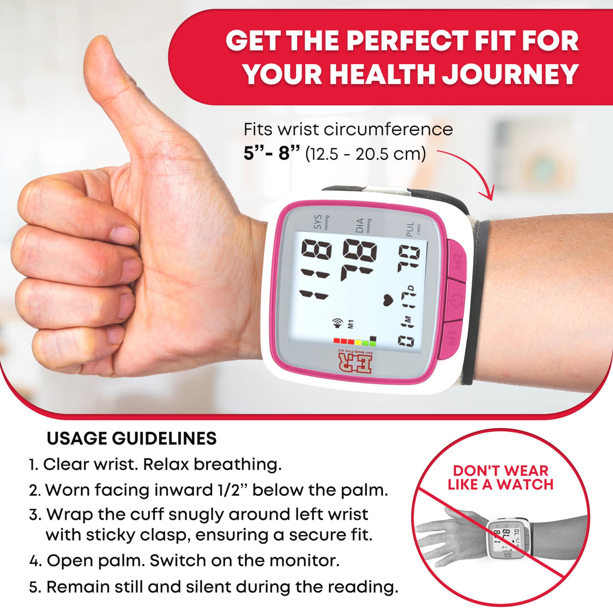 Ever Ready First Aid Fully Automatic Blood Pressure Wrist Cuff Watch Wearable Monitor for Home Use - Pink- Batteries Included