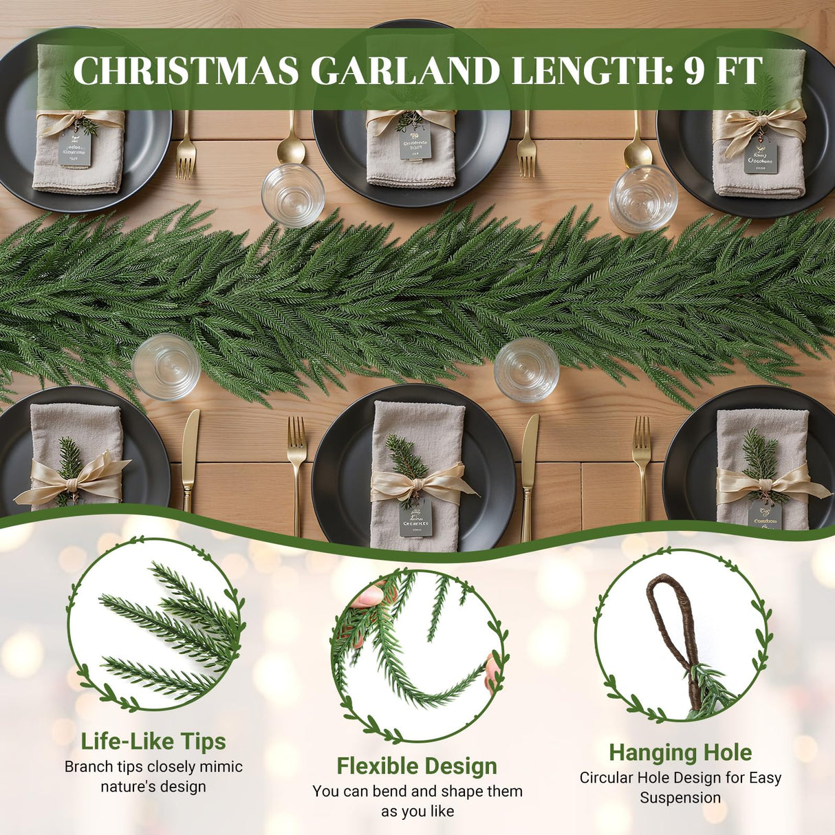 Alupssuc 9ft Christmas Garland, Real Touch Norfolk Pine Garland - Pine Garland, Artificial Greenery Christmas Garland for Mantle, Table, Fireplace, Indoor, Outdoor Christmas Decorations