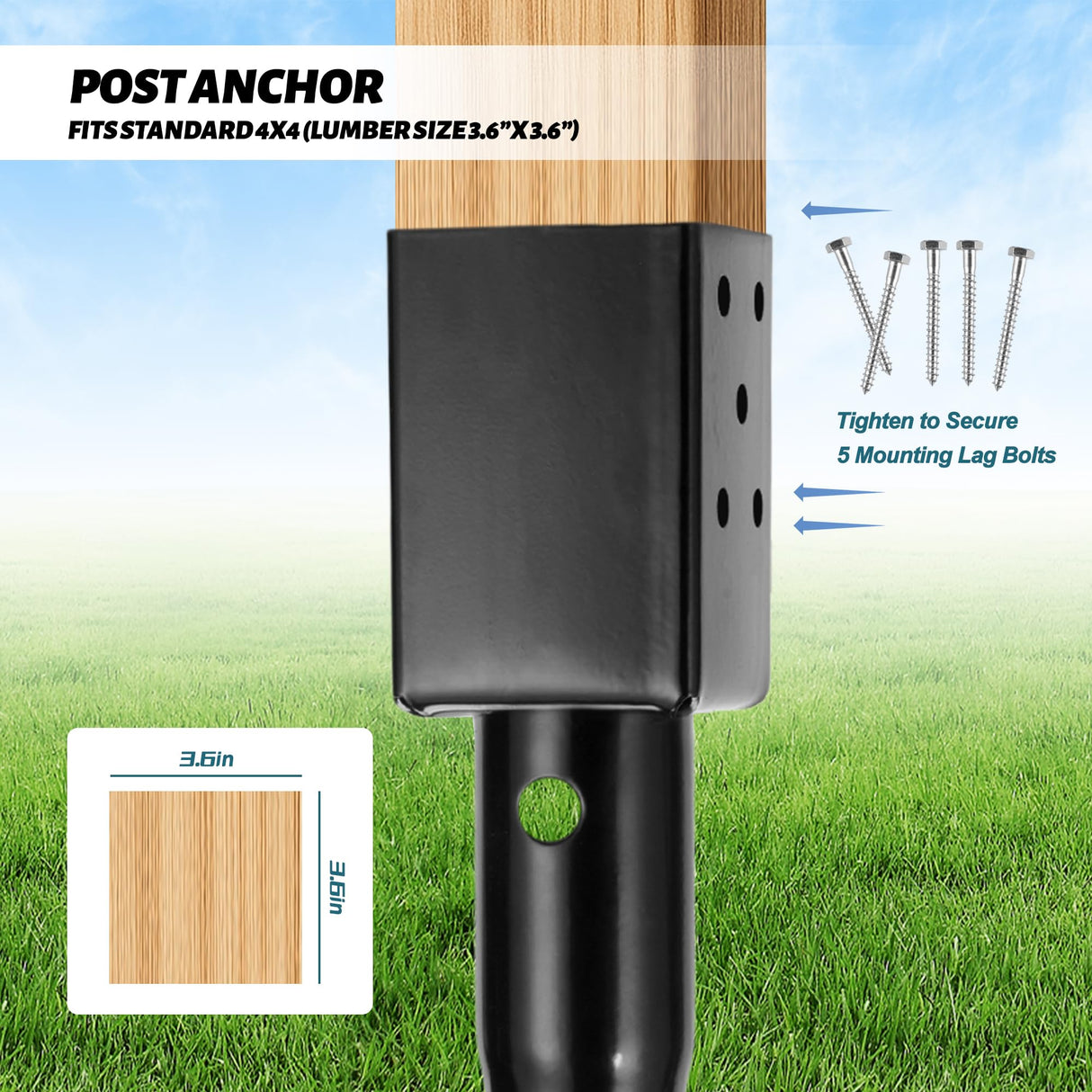 XYADX No Dig Ground Screw Anchor - Black Post Stake for 4x4 Wood Posts, Includes Lag Bolts & 27" Rebar, for Mailbox Posts and Fence Posts Anchor, 1 Pack