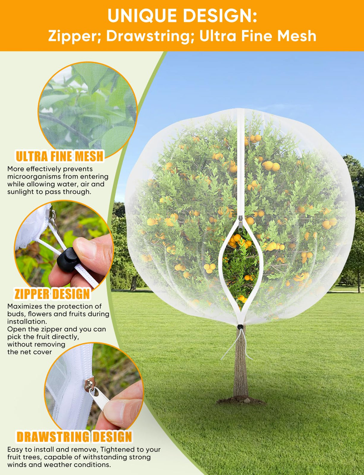 VITI Fruit Tree Netting for Cicadas - with 2Pcs 8Ftx5.3Ft Zipper&Drawstring Protection for Your Fruit Trees Garden Bird Netting Covers Blueberry Bush Tomato Bug Plant Protection Cherry Apple Tree