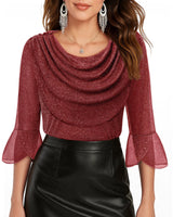Lotusmile Sparkly Christmas Tops for Women: Womens Blouses Dressy Casual - 3/4 Sleeve Blouses Cowl Neck Shirts for Women Wedding Guest Dressy - Mesh Festive Red Women's Clothing Christmas Party Red XL