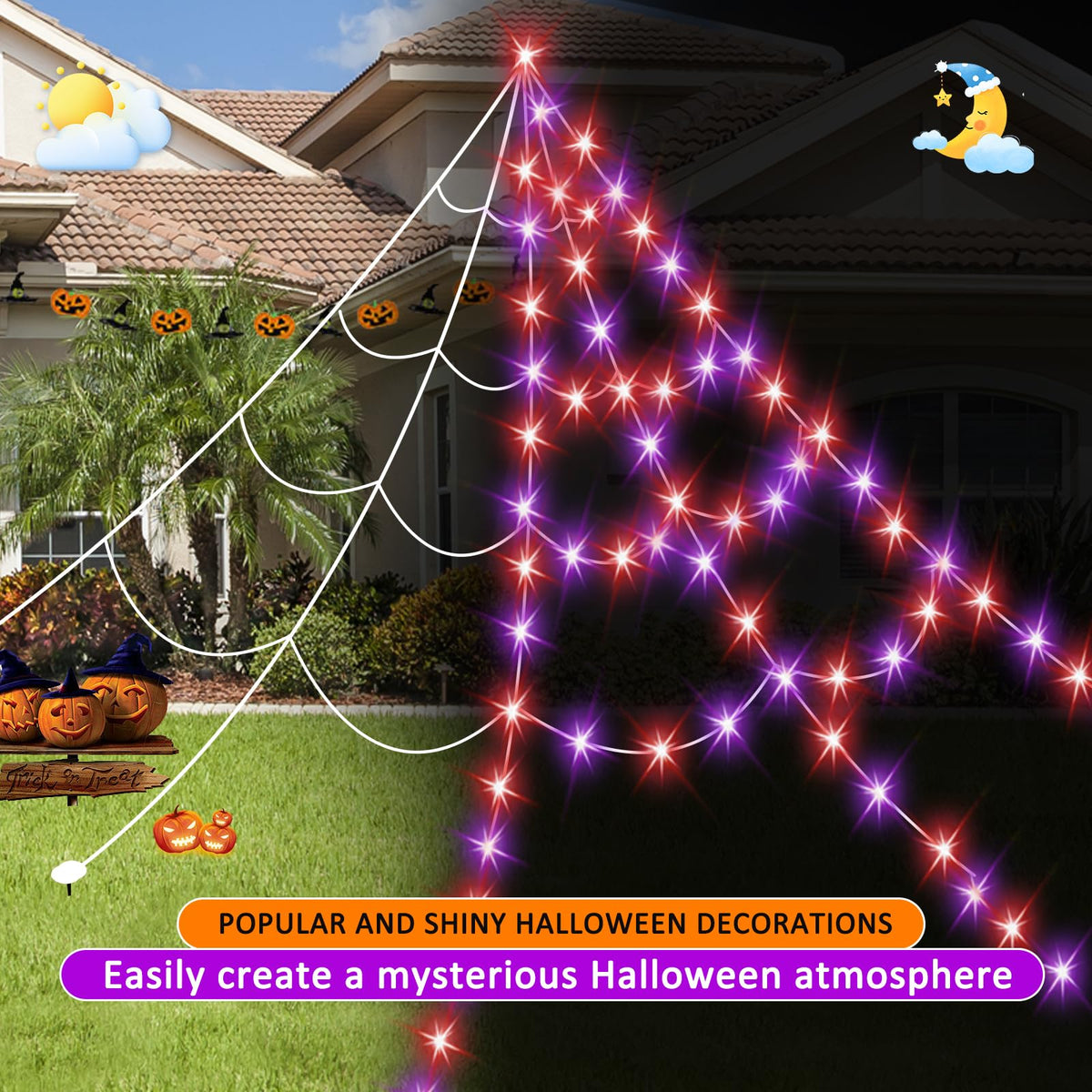 Halloween Spider Web Lights 550 LED Lighted Spider Web 16.4Ft Giant Halloween Decorations Light up with 8 Lighting Modes Waterproof & Timer for Indoor Outdoor House Haunted Yard Decor, Purple & Orange