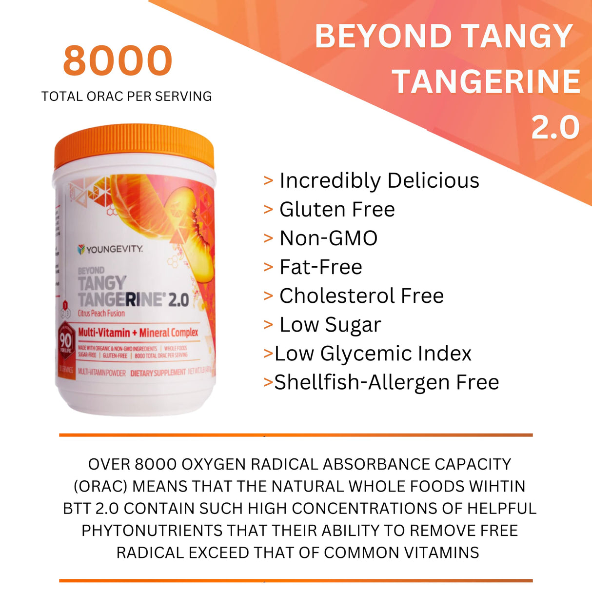 Youngevity Beyond Tangy Tangerine 2.0 Citrus Peach Ultimate Multi-Vitamin & Mineral Complex - Made with Natural & Whole Foods | 8,000 ORAC | 2 Canisters