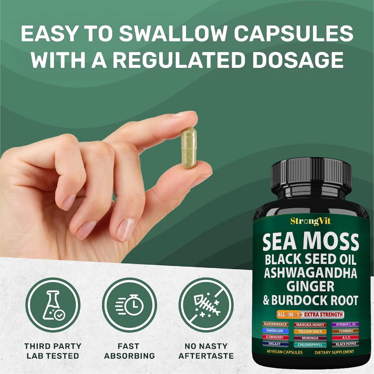 Sea Moss Black Seed Oil Ashwagandha Ginger, Organic Sea Moss Capsules with Burdock Root, Irish Seamoss Pills with Bladderwrack, Turmeric, Shilajit, Multimineral Supplement, USA (60 Capsules)