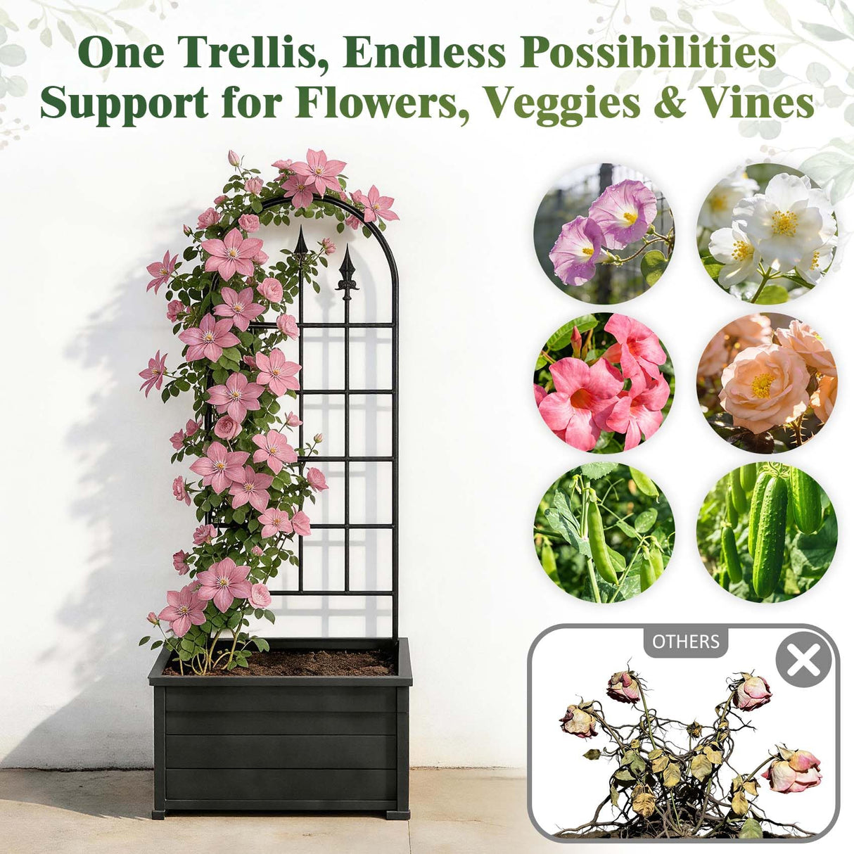 ArdeFentium 2 Pack 47" H x17 W Garden Trellis for Climbing Plants Outdoor - Metal Rustproof Arched Rose Trellis for Outdoor Indoor Roses Potted Vines Cucumbers Clematis Flowers Decorative, Black