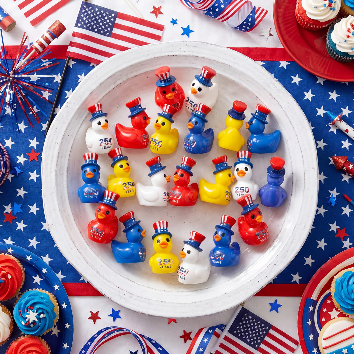 Skylety 36 Pcs Patriotic Mini Ducks 4th of July Independence Day Party Decor 250th Anniversary Red White Blue Ducks with Glue Points Garden Potted Miniature Cake Decoration Craft Patriotic Collectors