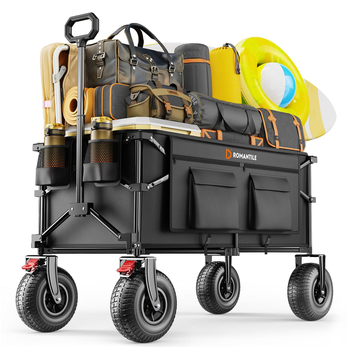 All-Terrain Beach Wagon with 9x3.5IN Big Inflatable Rubber Wheels for Sand, 240L Collapsible Wagon Cart, 450lbs Heavy Duty, Quiet Smooth Ride, Puncture-Resistant Tires, Side Pockets, Black