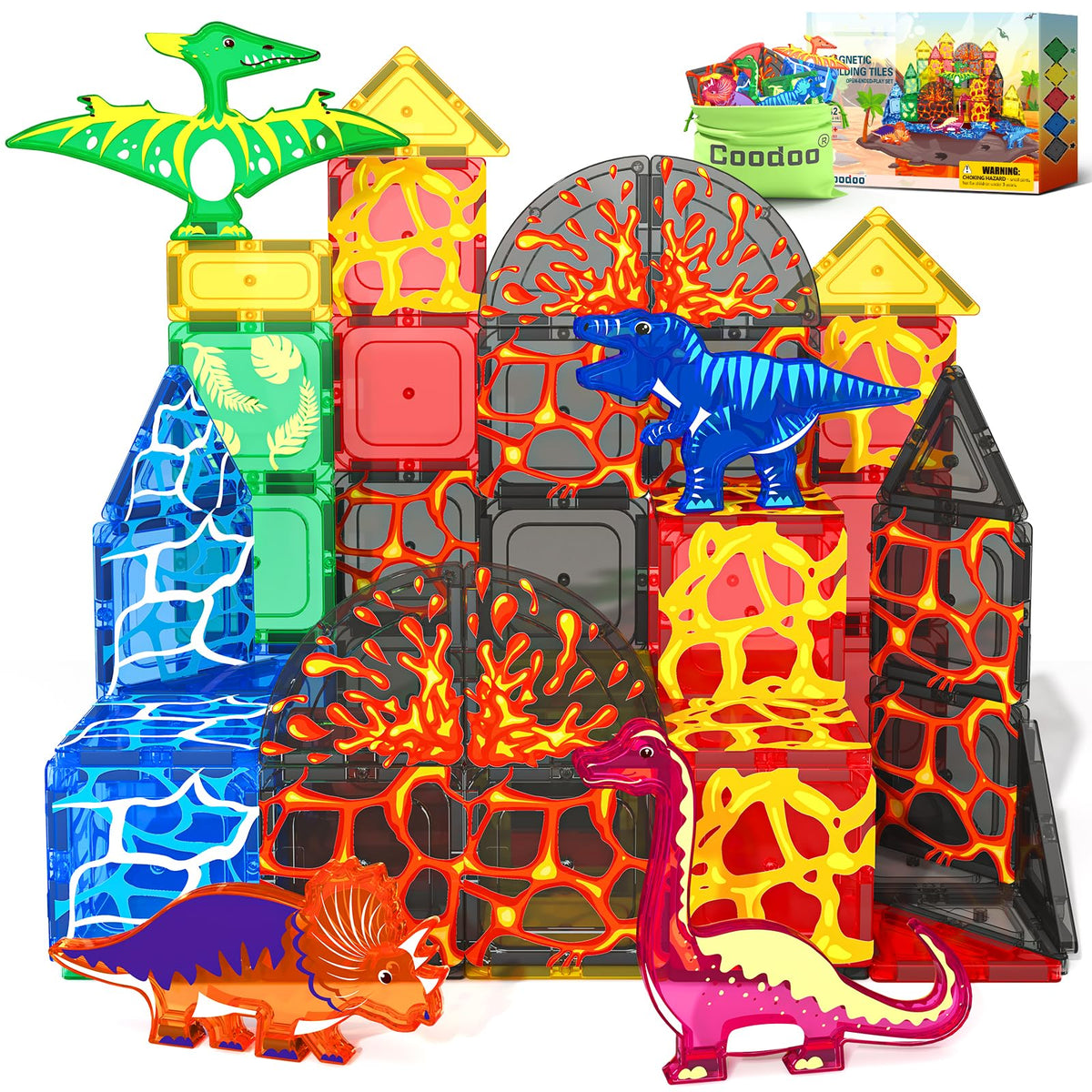 Magnetic Tiles Lava Dinosaur Toys Magnetic Blocks Building Set for Kids 3+