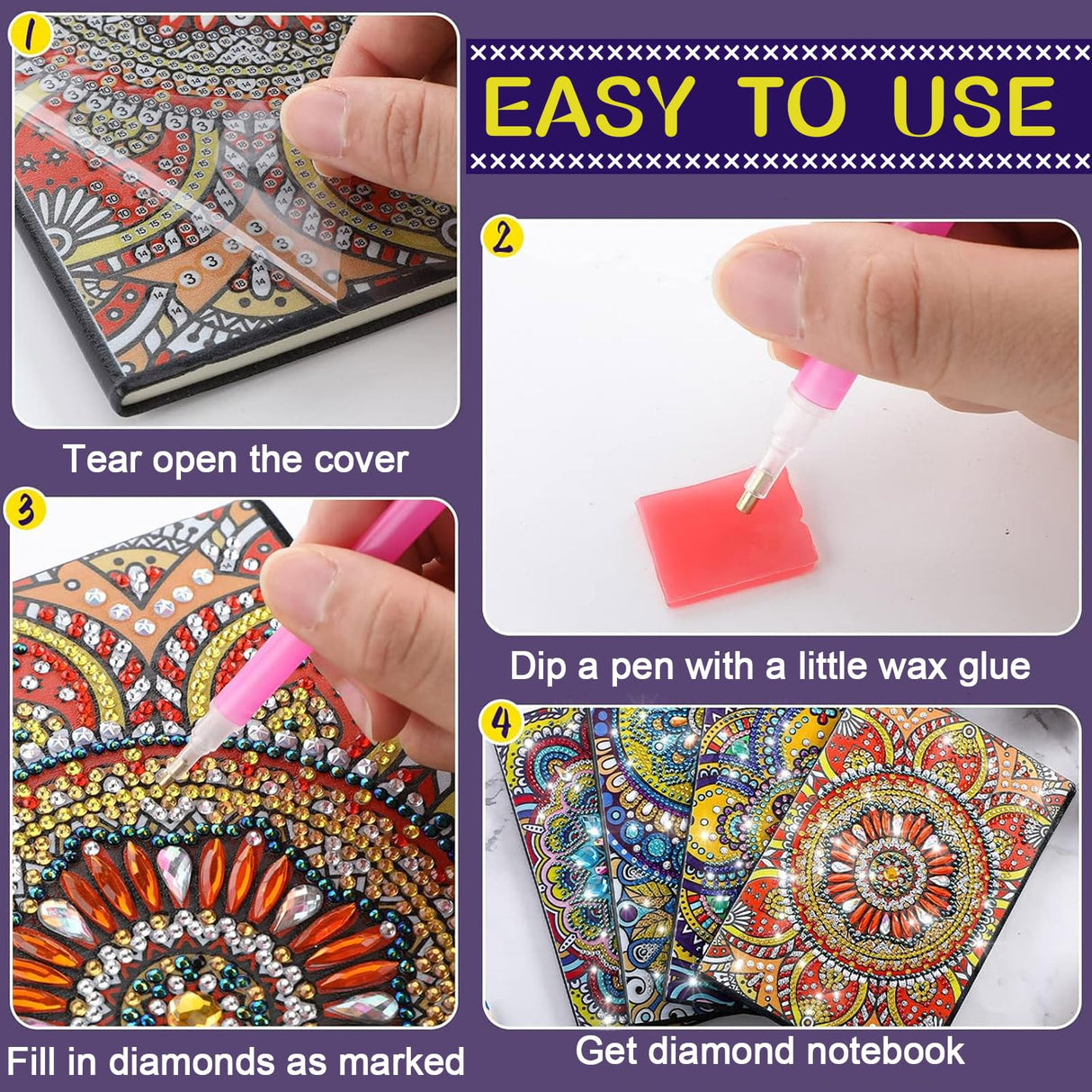 Ctosree 4 Pcs Diamond Art Notebook Kits for Adults 8.3'' x 5.7'' 5d Leather Painting Journals DIY Mandala Flower Gem Dots Sketchbook Craft for Men Women Birthday Gift Christmas with Tools