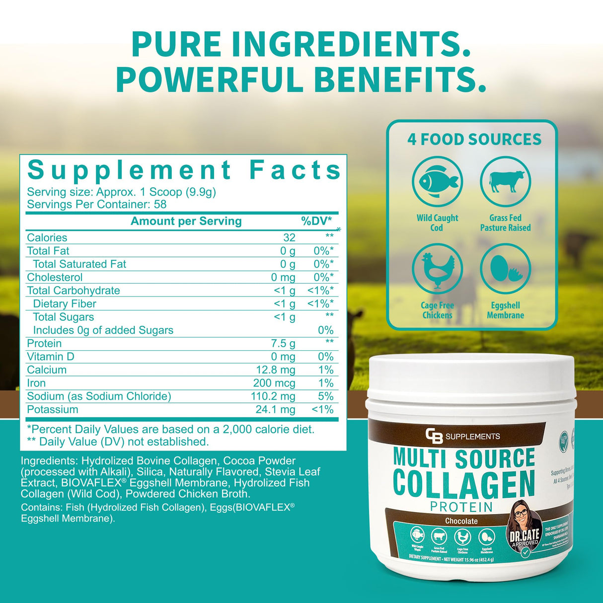 CB Supplements Multi Collagen Protein – Hydrolyzed Collagen for Joint, Skin, Gut, Hair & Nail Health – Chocolate Flavored Powder with Types I, II, III, V & X – Grass-Fed & Clean – 58 Servings