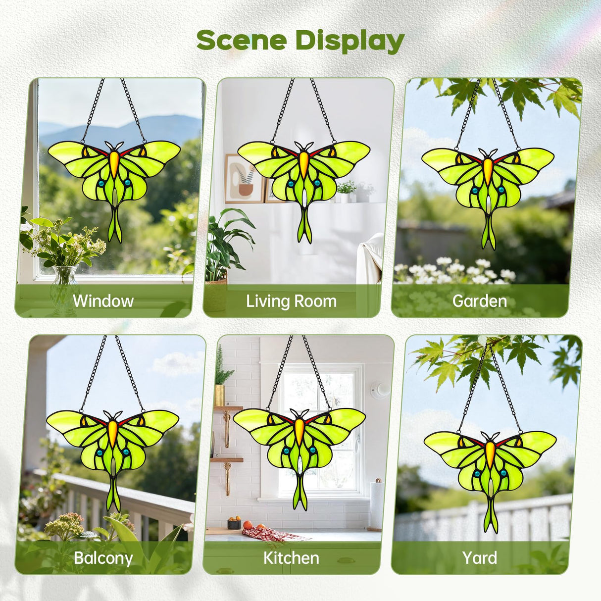 Stained Glass Window Hanging Luna Moth Suncatcher, IDEA SHOW 7.3Inch Handmade Real Glass Butterfly Suncatcher Ornament for Home Decor, Elegant Green Butterfly Memorial Gift for Women, Mom, Grandma