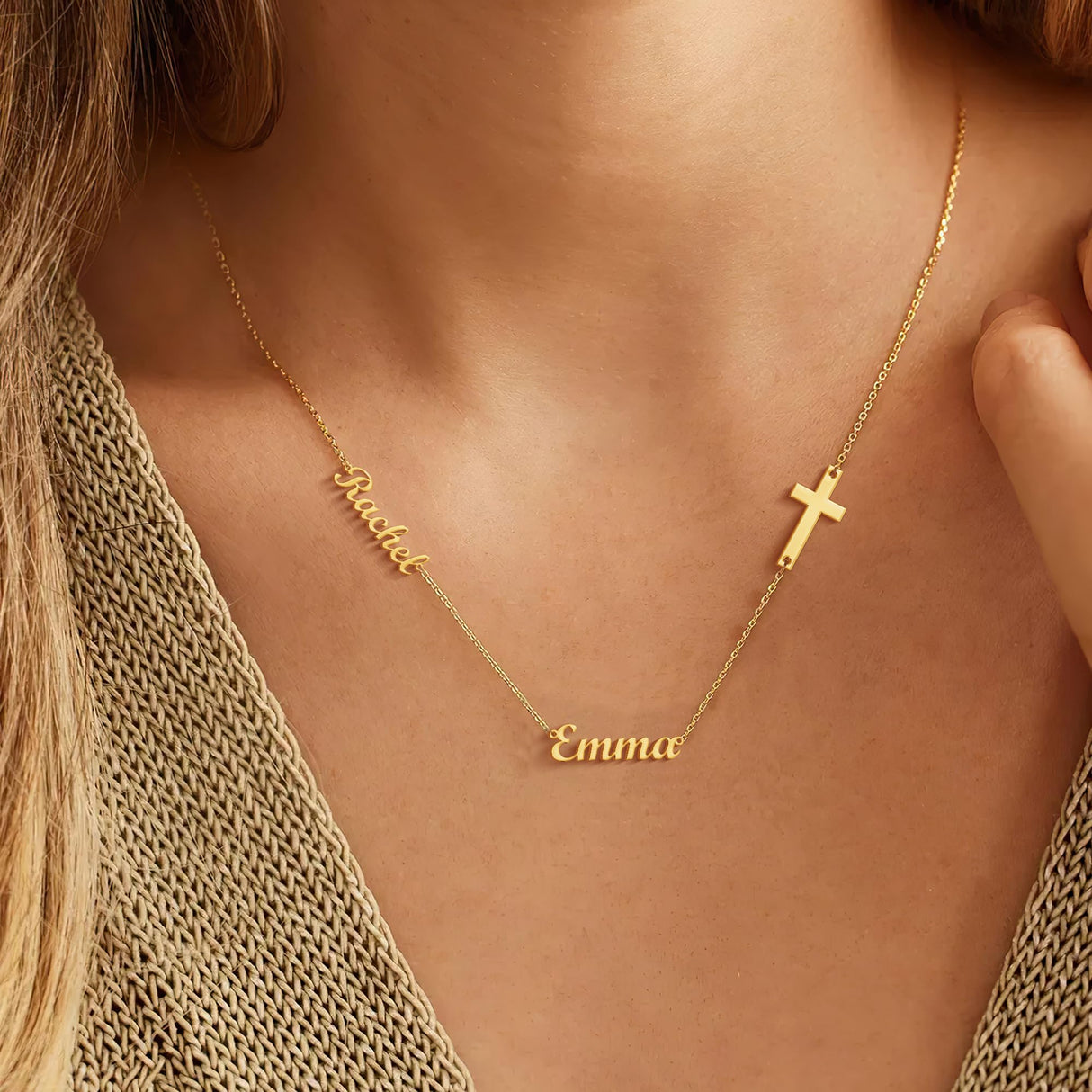Elemtansy Custom Name Necklace with 1-3 Tiny Names - 18K Gold-Plated Family Necklace Personalized with Heart, Cross, Paw Print - Birthday Jewelry Gifts for Mom, Wife (2 Tiny Names + Symbol)