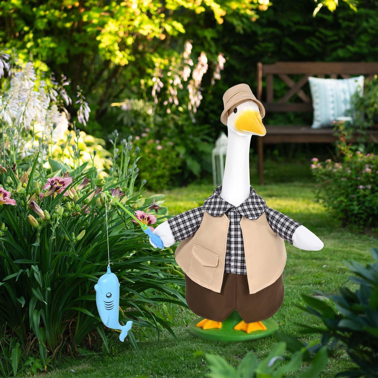 JcHrmers Fishing Porch Goose Outfits Fisherman Lawn Goose Clothes Fit 23" High Cement or Plastic Goose Statue for Outdoor Garden Yard Patio Decor