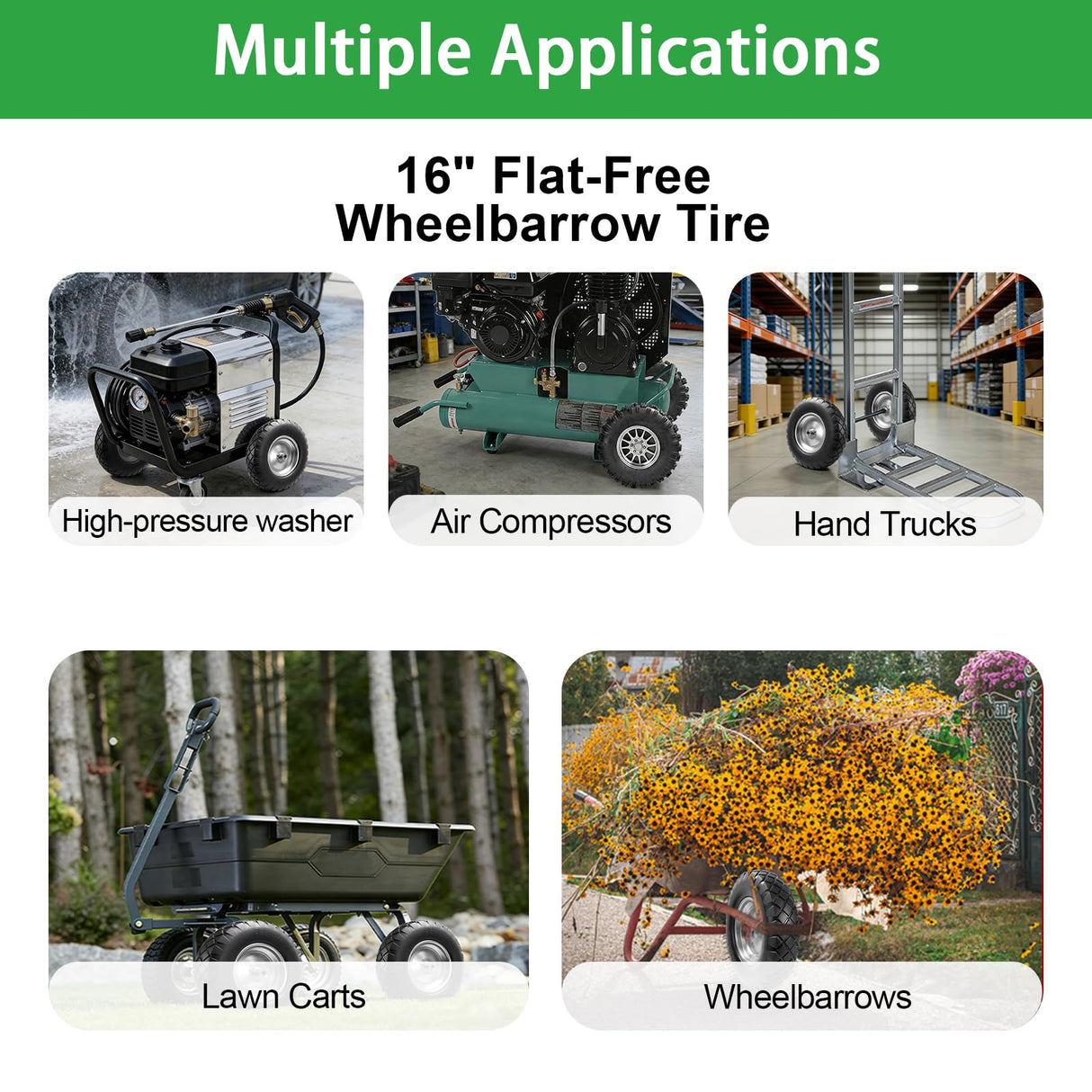 LTNICER 4.80/4.00-8" Flat-Free Tire and Wheel, 16" Solid Wheelbarrow Tires with 5/8" or 3/4" Bearings, 3-7" Centered Hub Universal Fit for Wheelbarrows/Garden Trailer/Wagons
