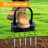 Aerator Lawn Tool - 2-in-1 Reinforced Heavy Duty Manual Lawn Aerator with 15 Spikes, Automatic Dirt and Leaf Clean Design, Adjustable T-Handle (Gloss Black)