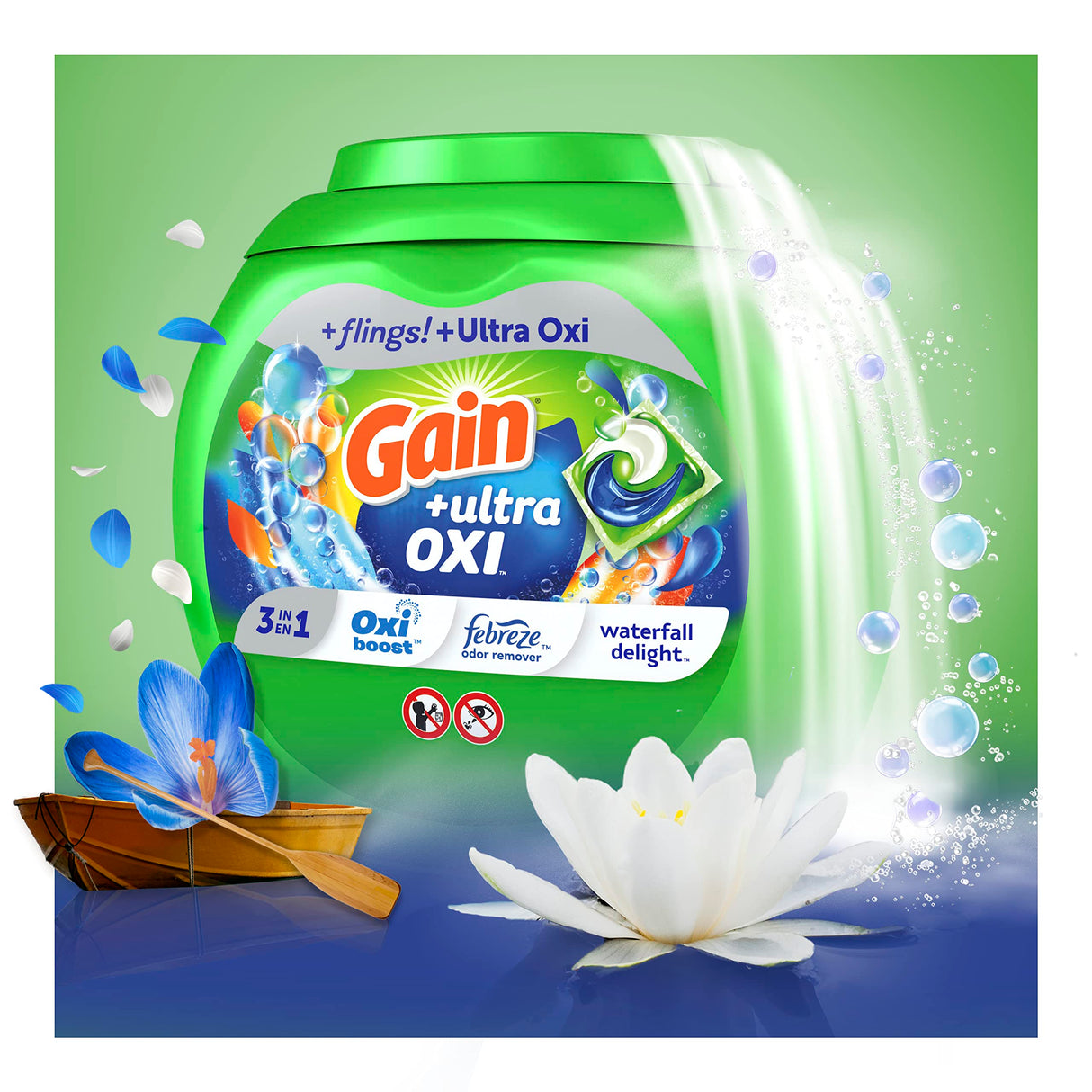 Gain flings Ultra Oxi Laundry Detergent Pacs, 112 Count, Waterfall Delight Scent, 3-in-1, HE Compatible