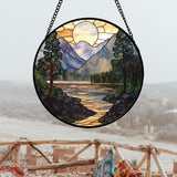 AMDERVEN Stained Glass Window Hanging, Sunset Mountains Lake Tree Sun Catcher for Window Home Decor Landscape Suncatcher Mother's Day Birthday Gifts for Women Men Mom and Nana 11.8 in