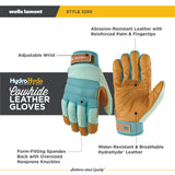 Wells Lamont Women's HydraHyde Leather Hybrid Gloves – Water-Resistant, Durable Cowhide Palm, Spandex Stretch Back – Ideal Landscaping/Farming/Gardening Gloves – Adjustable Wrist – Large, Blue (3250L)