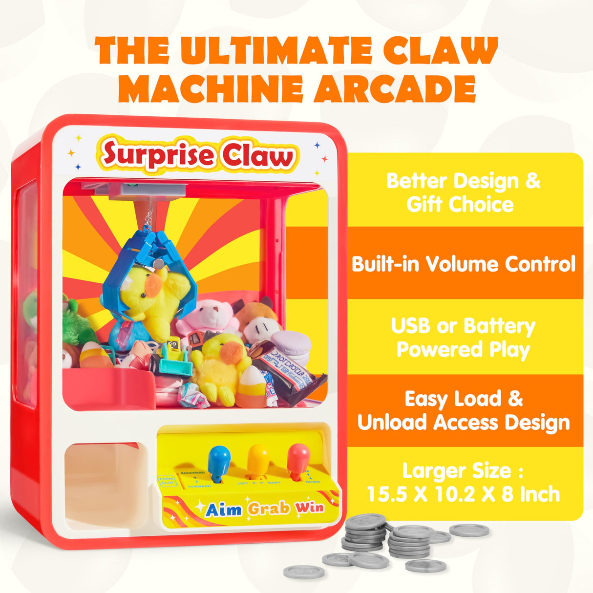 JOYIN Claw Machine Arcade Toy with LED Light & Adjustable Sound, Rechargable Dispenser Toys Mini Vending Machine for Kids - Perfect Christmas & Birthday Big Gifts for Kids, Ages 3+