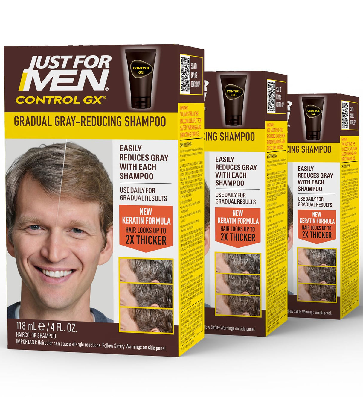 Just for Men Control GX Grey Reducing Shampoo for Lighter Shades of Hair, Blonde to Medium Brown, Gradual Hair Color with Keratin, 4 Fl Oz - Pack of 3 (Packaging May Vary)