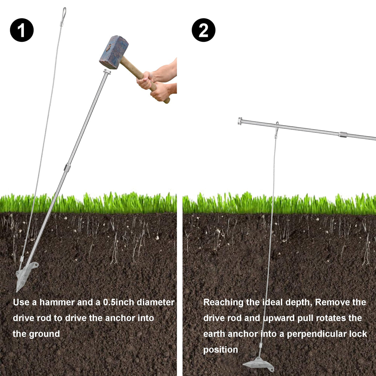 6 Pack Ground Earth Anchors with Drive Steel Stool - Easy Hook Anchor with 30" Long x 1/8" Cable, Ideal for Securing Shed, Fence, Green House, Swing Set and More.