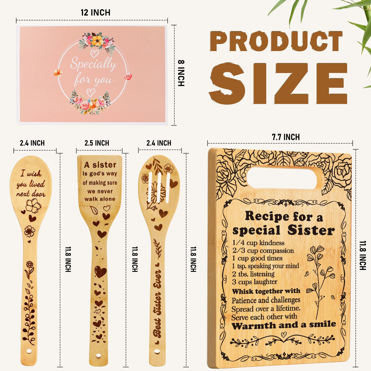 Sister Birthday Gifts Cutting Board Set, "Recipe for a Special Sister" Sister Christmas Gifts from Sister Engraved Utensil Sister Gifts for Women, Friendship Gifts for Bestie Best Friend Soul Sister