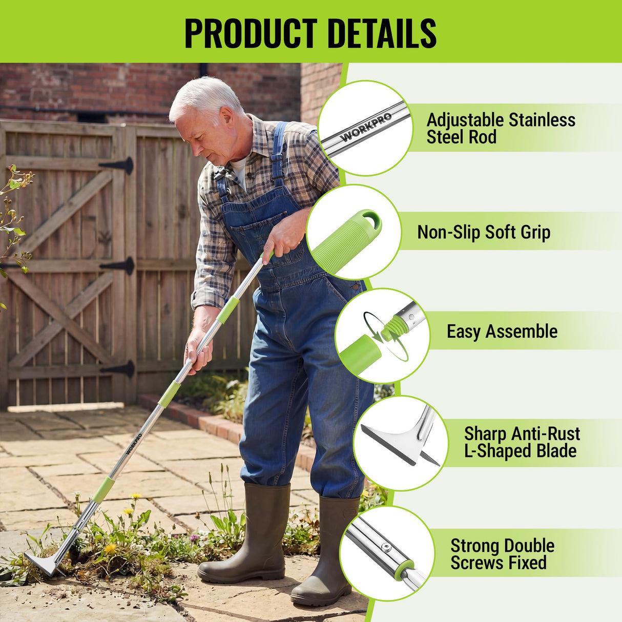 WORKPRO Crack Weeder, Stainless Steel Crevice Weeding Tool with Adjustable Long Handle (27"-54")