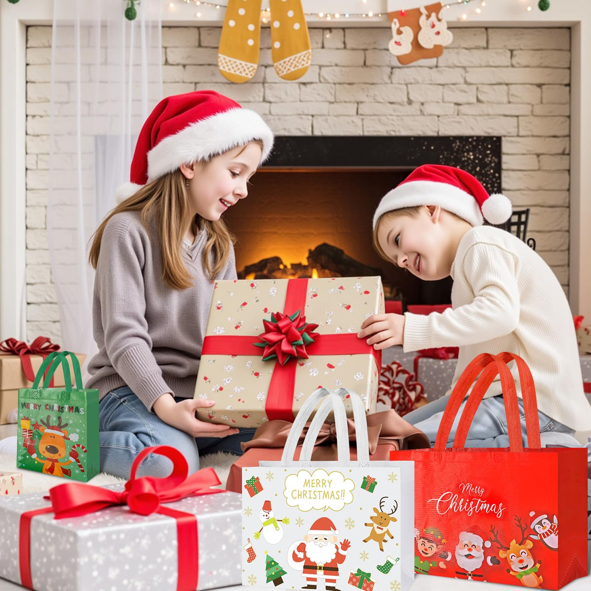 IPQXE 34 Pack Christmas Gift Bags Assorted Sizes- Reusable Tote Bags Non-Woven, Xmas Shopping Bags with Handles, for Christmas Treat Bags, Gifts Wrapping, Xmas Party Supplies 16 Large 18 Small