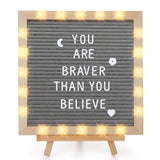 Changeable Felt Letter Board with LED Lights - 10×10" Message Custom Signs & Wood Stand & 450 Letters, Poster Board for Christmas/Pregnancy/Baby Announcement/Classroom Wall Decor Gifts, Grey