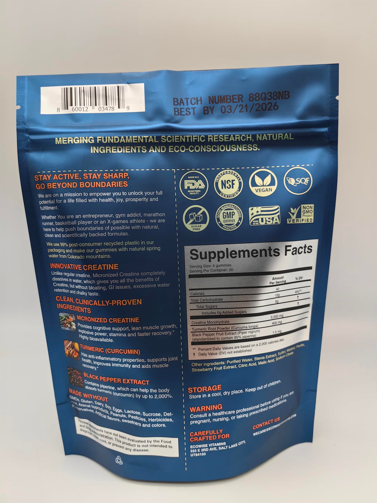 EcoWise Wellness Creatine Monohydrate Gummies 5000 mg, Strawberry Flavor, 120 Sugar-Free Vegan Chews, Creatine Supplement for Daily Routine