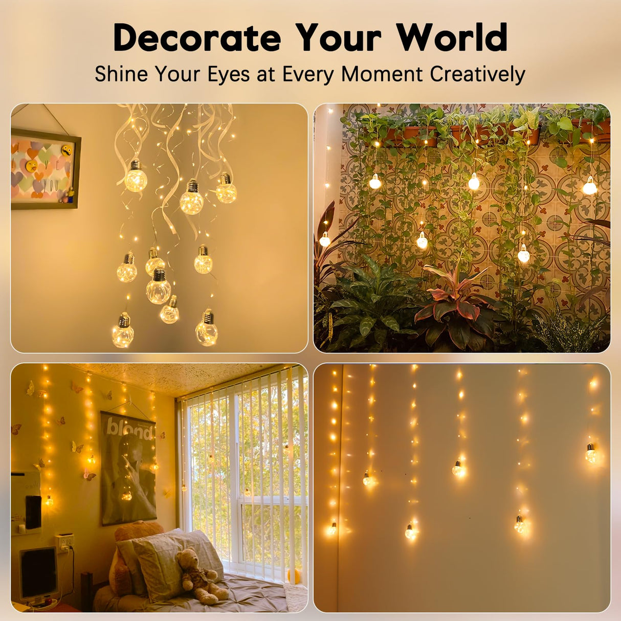 Minetom 200 LED Curtain Fairy Lights - 9.8 FT Wishing Ball Window Hanging Lights with Remote, USB Powered Waterproof for Christmas Wedding Bedroom Decoration, Warm White