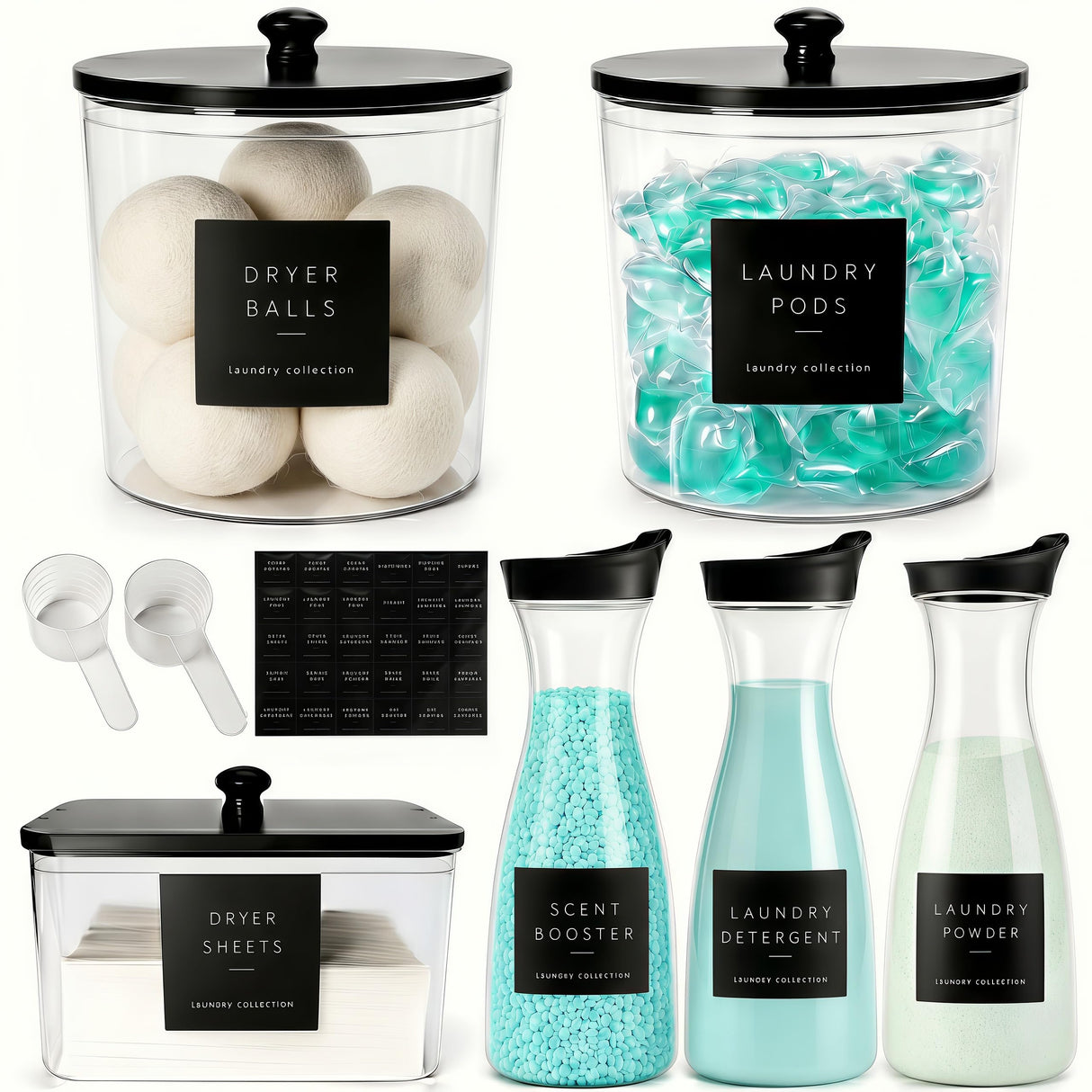 WENDORLO 6 Pack Laundry Pods Containers & Dryer Sheet Holder & Laundry Detergent Dispenser, Laundry Room Organization and Storage Jars with Lids, Labels and Scoops for Scent Booster, Powder, Pods
