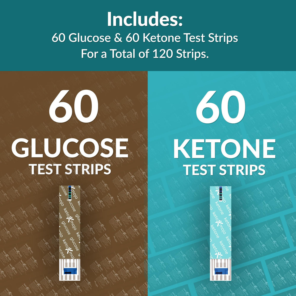 KETO-MOJO Blood Glucose and Ketone Test Strips Combo Pack | 60 Glucose + 60 Ketone Strips (120 Count) | for Use Only with GK+ Meter