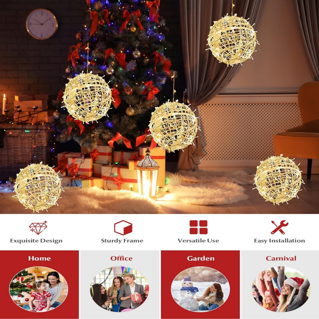 Outdoor Christmas Balls Lights 4 Pack Hanging 7.9" LED Garden Sphere Tree Lights 8 Modes Waterproof Glow Globe Lights with Memory Timer Plug for Party Yard Porch Eave Patio Xmas Decorations-Warm White