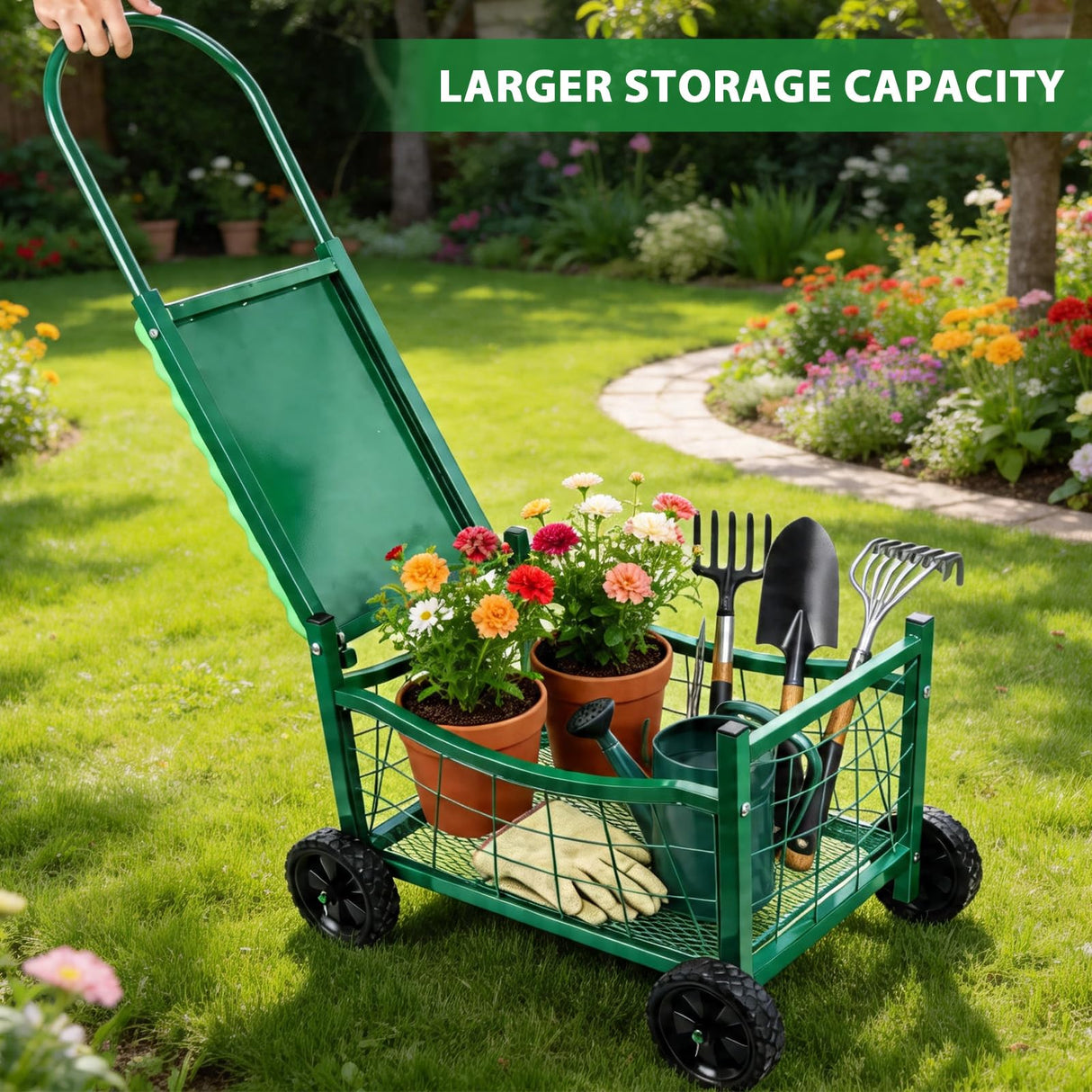 Rolling Garden Workseat with Wheels, Metal Frame Gardenning Stools with Padded Cushion,Hold 150Kgs