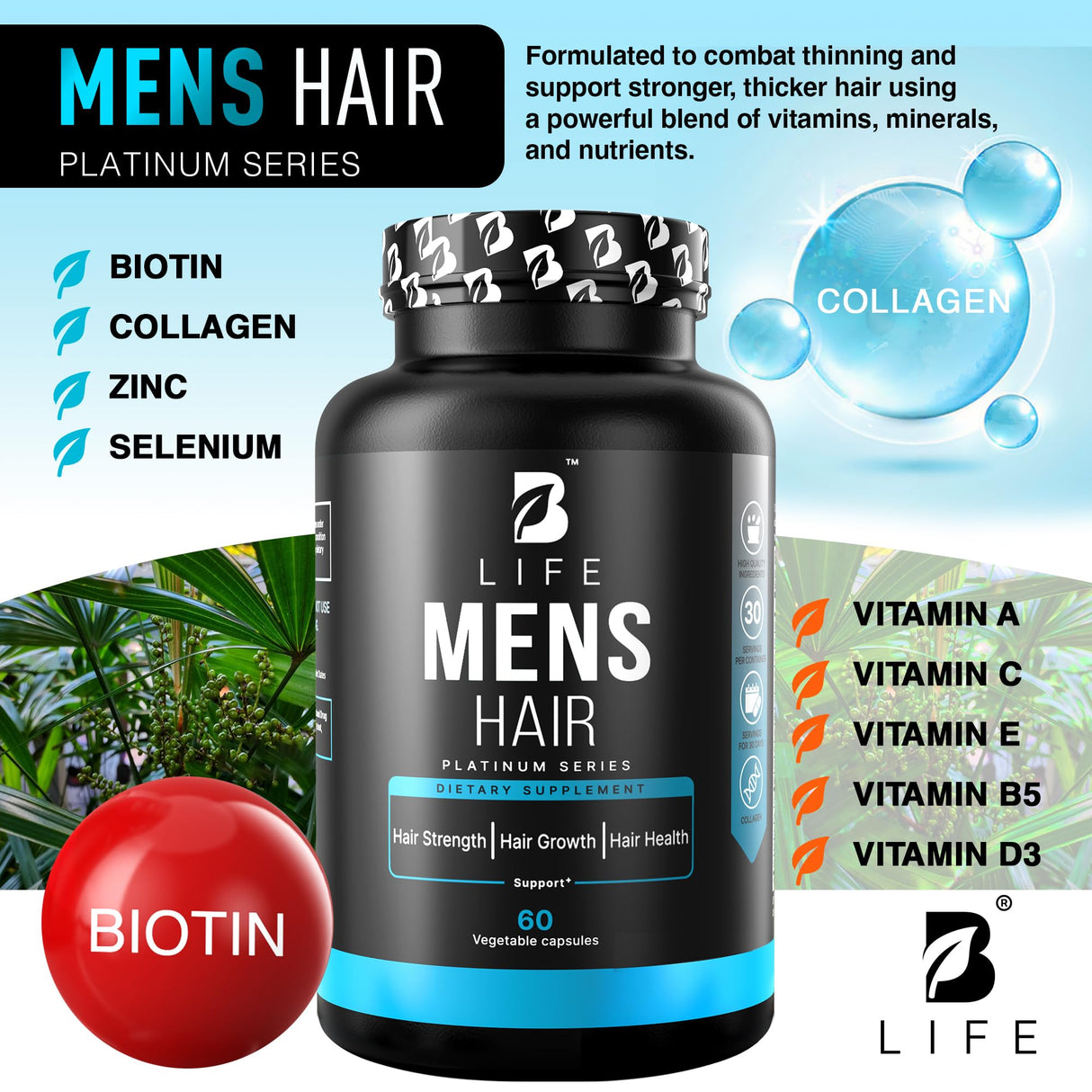 Men’s Hair Supplement – 60 Capsules – Biotin for Hair Growth Men – Hair Vitamins for Hair Loss for Men – Hair Supplements for Hair Growth with Collagen, Zinc, Selenium, Vitamins A,C,D,E – 30 Servings