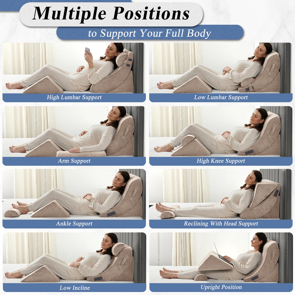 Axelrod 4PCS Orthopedic Bed Wedge Pillow Set, Post Surgery Foam for Back, Neck and Leg Pain Relief Comfortable & Adjustable Pillows- Anti Snoring, Heartburn, Acid Reflux & GERD Sleeping Light Brown