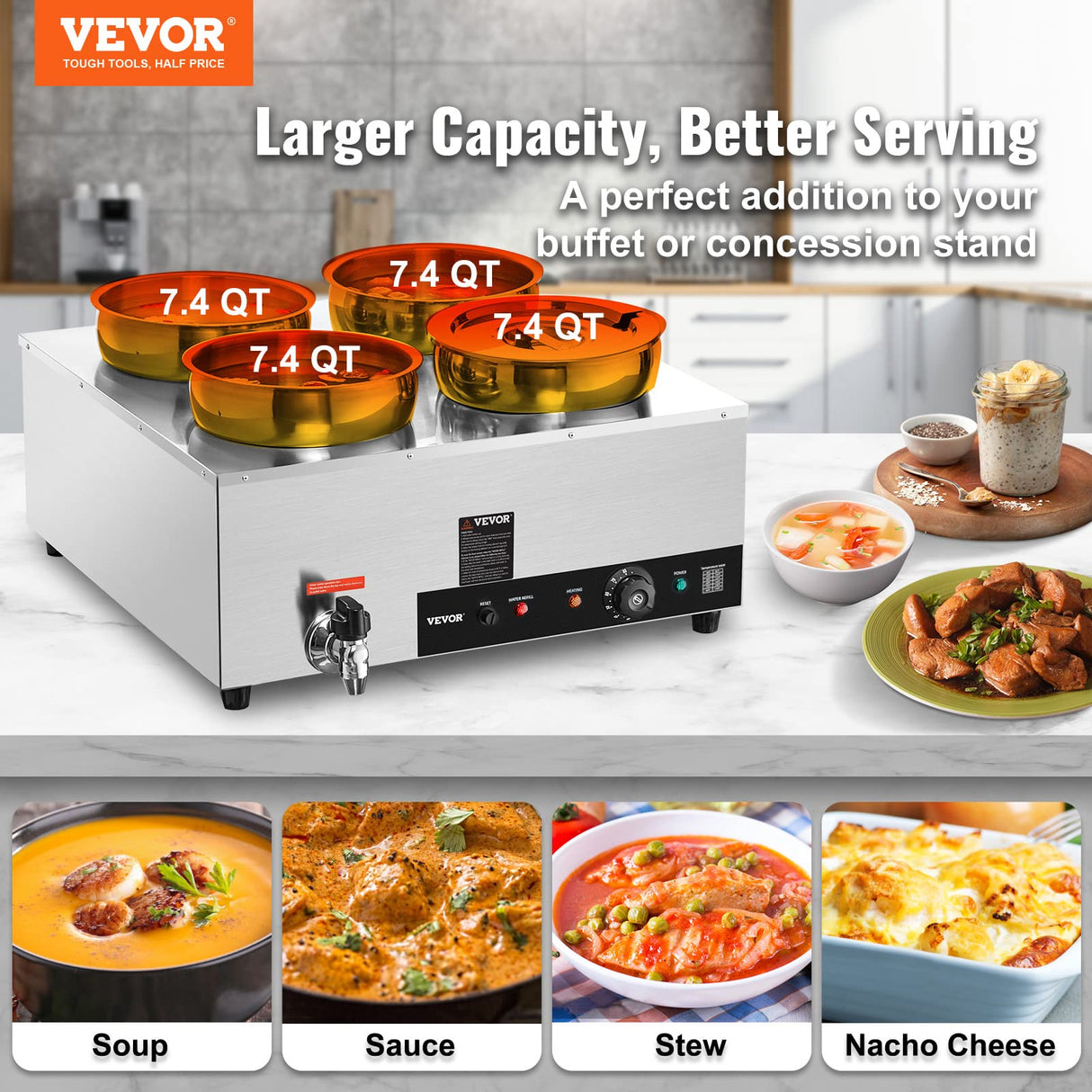 VEVOR Electric Soup Warmer, Four 7.4QT Stainless Steel Round Pot 86~185°F Adjustable Temp, 1500W Commercial Bain Marie with Anti-Dry Burn and Reset Button, Soup Station for Restaurant, Buffet, Silver