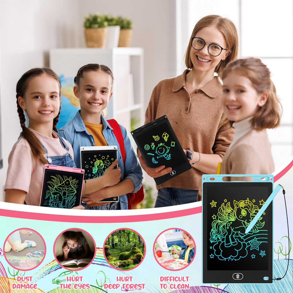 Tinlade 12 Pack LCD Writing Tablets for Kids, 8.5 Inch Erasable Doodle Boards Portable Electronic Drawing Pads, Learning Bulk Toys Gifts for Christmas School(Pink, Light Blue, White, Black)